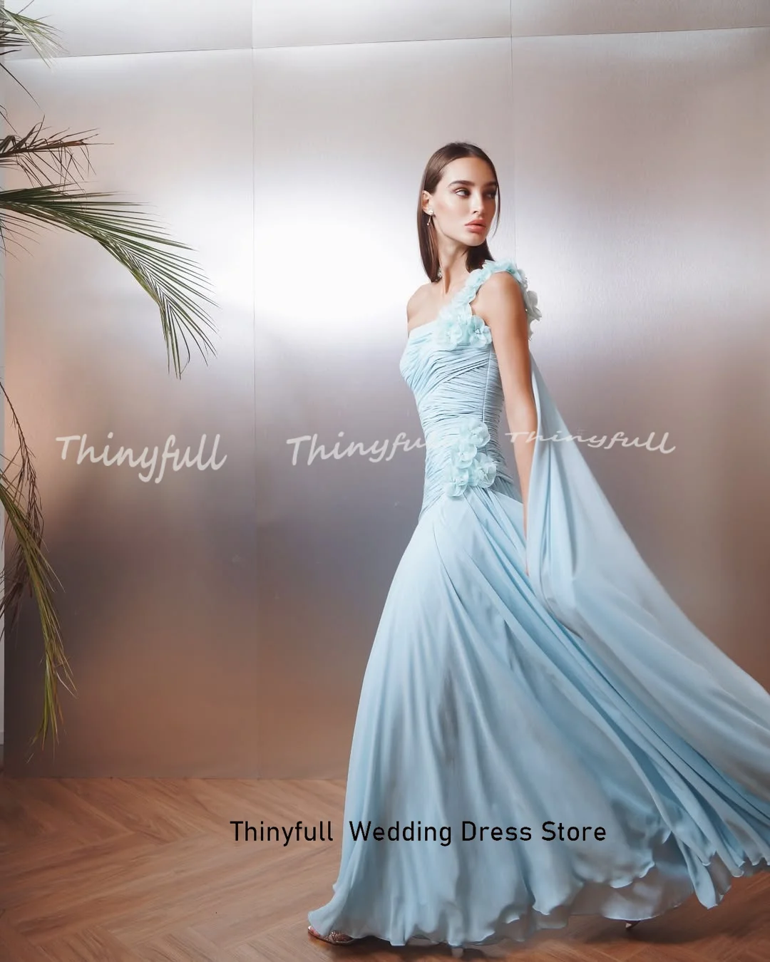 Thinyfull 3D Flower Chiffon Arab Prom Dresses Sleeveless One Shoulder Evening Party Dress Long Formal Occasion Gown Customized image 2