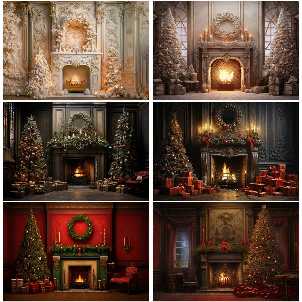 

Classic Christmas Fireplace Photo Background Family Party Portrait Photography Backdrops Xmas Tree Gift Toy Photo Studio Props