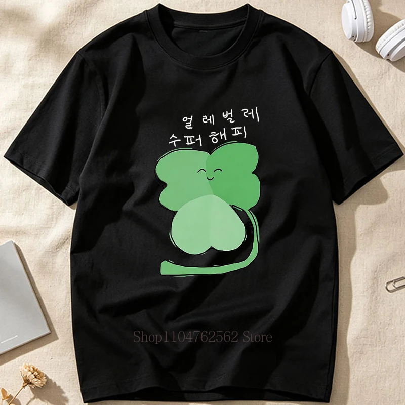Lucky Clover Pattern Print T-shirts for Women Summer Casual Fashion Funny Korean Style Tops Crew Neck Short Sleeve Cotton Tees