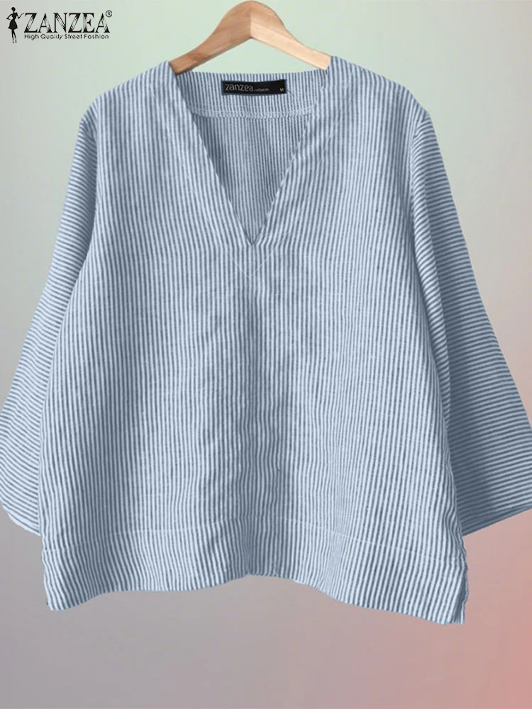 

ZANZEA 2025, лето-осень, полосатая рубашка, женская блузка с v-образным вырезом и рукавом 3/4, модная туника, топы, женская свободная сорочка, повседневная рабочая блузка