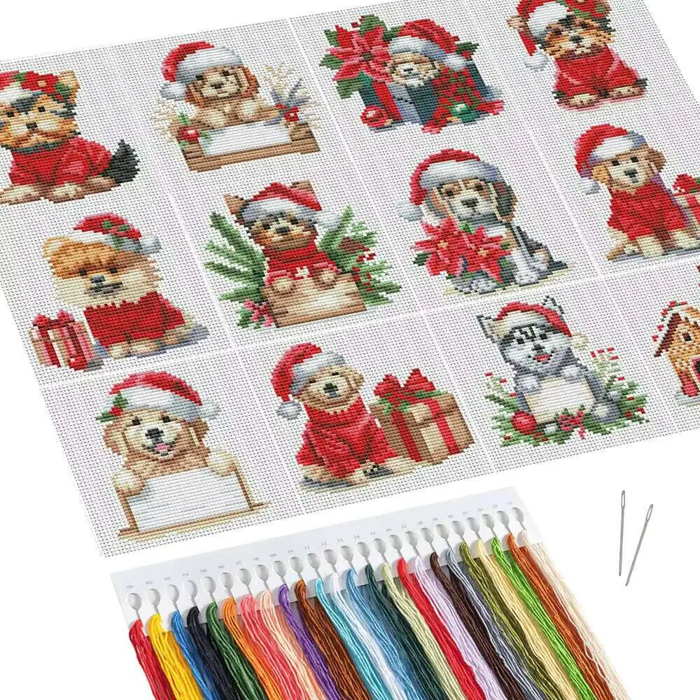 Huacan DIY Stickerei Hund Tier Kreuzstich Weihnachtsmütze Bedruckte Leinwand Bastelbedarf Kit für Anfänger Weihnachtsgeschenk