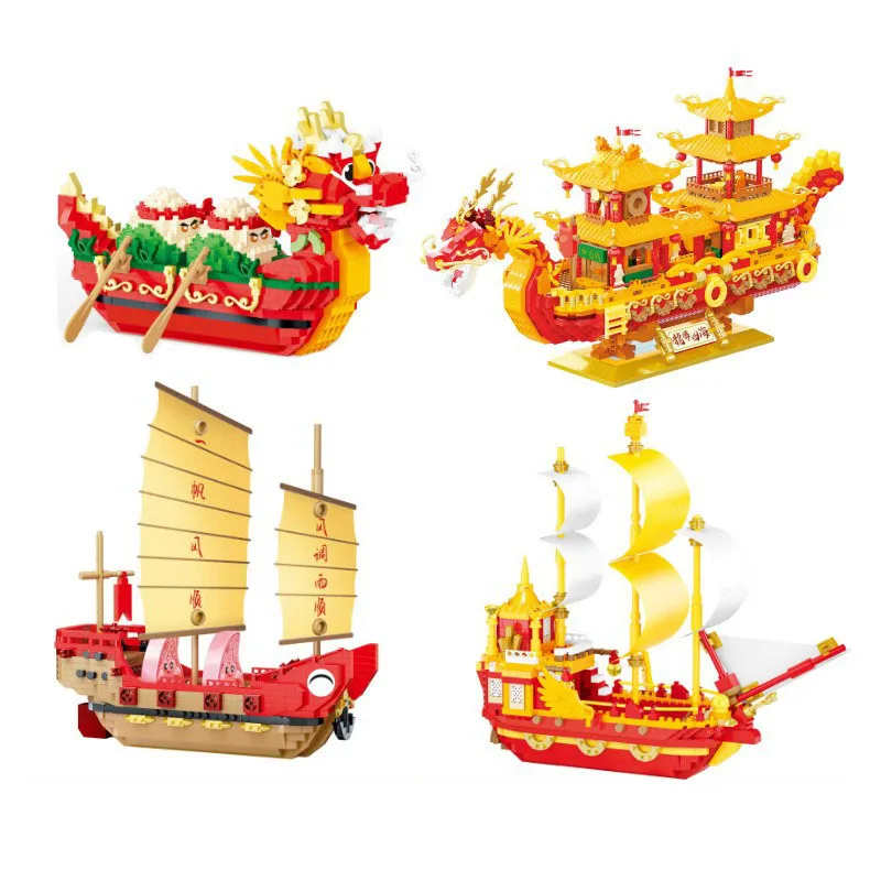 Creative China Dragon Red headed Boat Micro Diamond Block Royal Ship Sailboat Building Brick Model Nanobrick Toys Collection