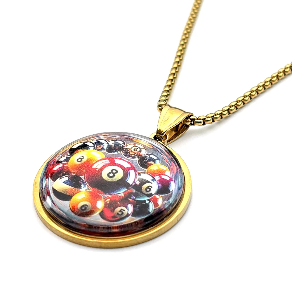 Hiphop Black 8 Billiards Kette für Damen und Herren, Edelstahl, Glas, Sportthema, Retro, Street Party, Halskette, Schmuck, Geschenke – Detail 7