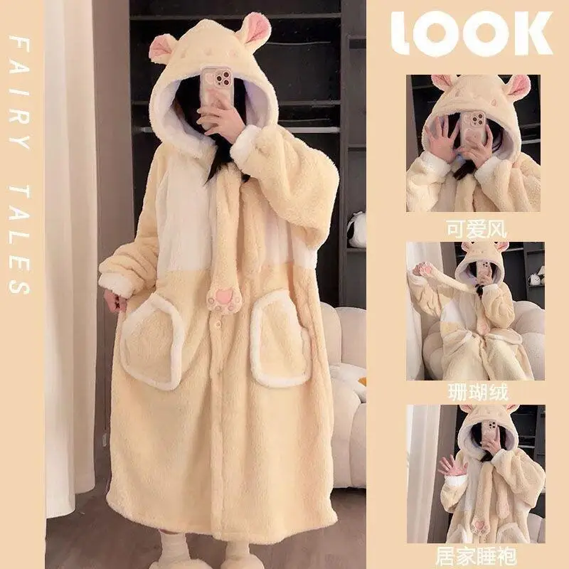 

Girl Kawaii Cartoon Robe Autumn Winter Pajamas Coral Fleece Keep Warm Nightwear Wearable As Outerwear Sleepwear Woman Homewear