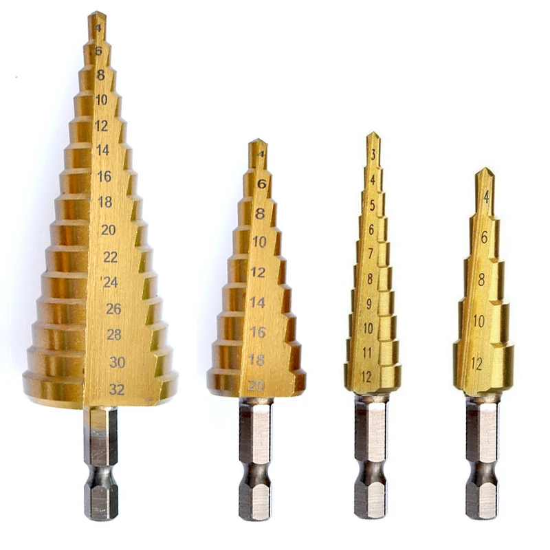 3-12 4-12 4-20 4-32mm Straight Groove Step Drill Bit HSS Titanium Coated Wood Metal Hole Cutter Core Cone Drilling Tools Set