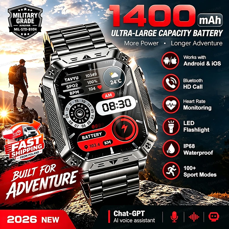 2026 NUOVO Smartwatch Militare con Batteria Durevole da 1400mAh, Schermo AMOLED HD da 2,01 Pollici, Orologio Impermeabile IP68, SOS, Torcia LED Rossa e Bianca, 100+ Modalità Sport, Chiamate Bluetooth