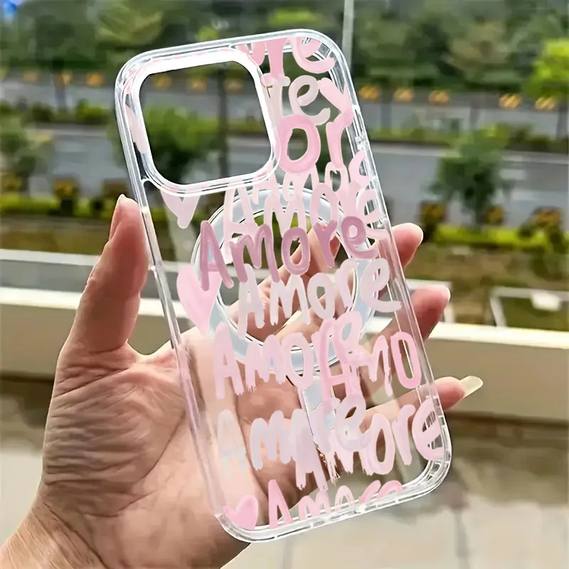 Чехол для телефона Amore-Love Romantic Pink Lettering для iPhone 17, 16, 12, 13, 11, 14, 15, Pro Max 7, 8 Plus, магнитный чехол с беспроводной зарядкой