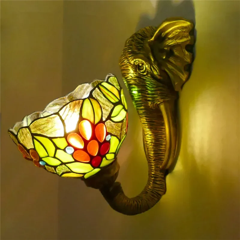 SEAN Tiffany Elephant Wall Lamps Vintage Bedroom Bathroom Mirror Front Lamp Hotel Restaurant Stained Glass Wall Lamp