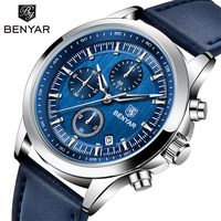 BENYAR New 40MM Men's Multi Functional Chronograph Quartz Watch 50M Waterproof Lumious Leather Strap Sports Wristwatches For Man