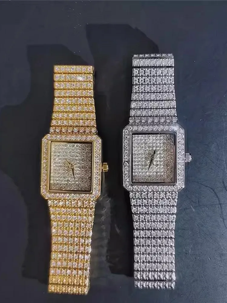 Fashion Women Shiny Diamonds Studded Quartz Watch Square Shape Office Ladies Watches Silver Golden Casual Hip Hop Wristwatch