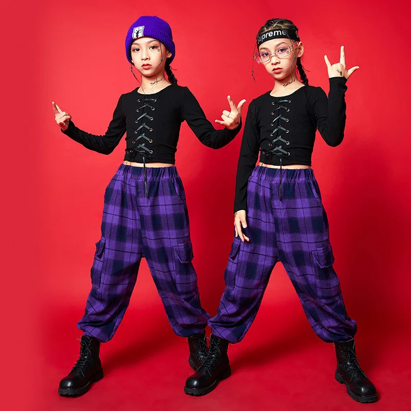 Girls Hip Hop Sweatshirt Plaid Pant Street Dance Kids Clothes Sets Child Slim Fit Crop Top Outfit Teens Cool Costumes Streetwear