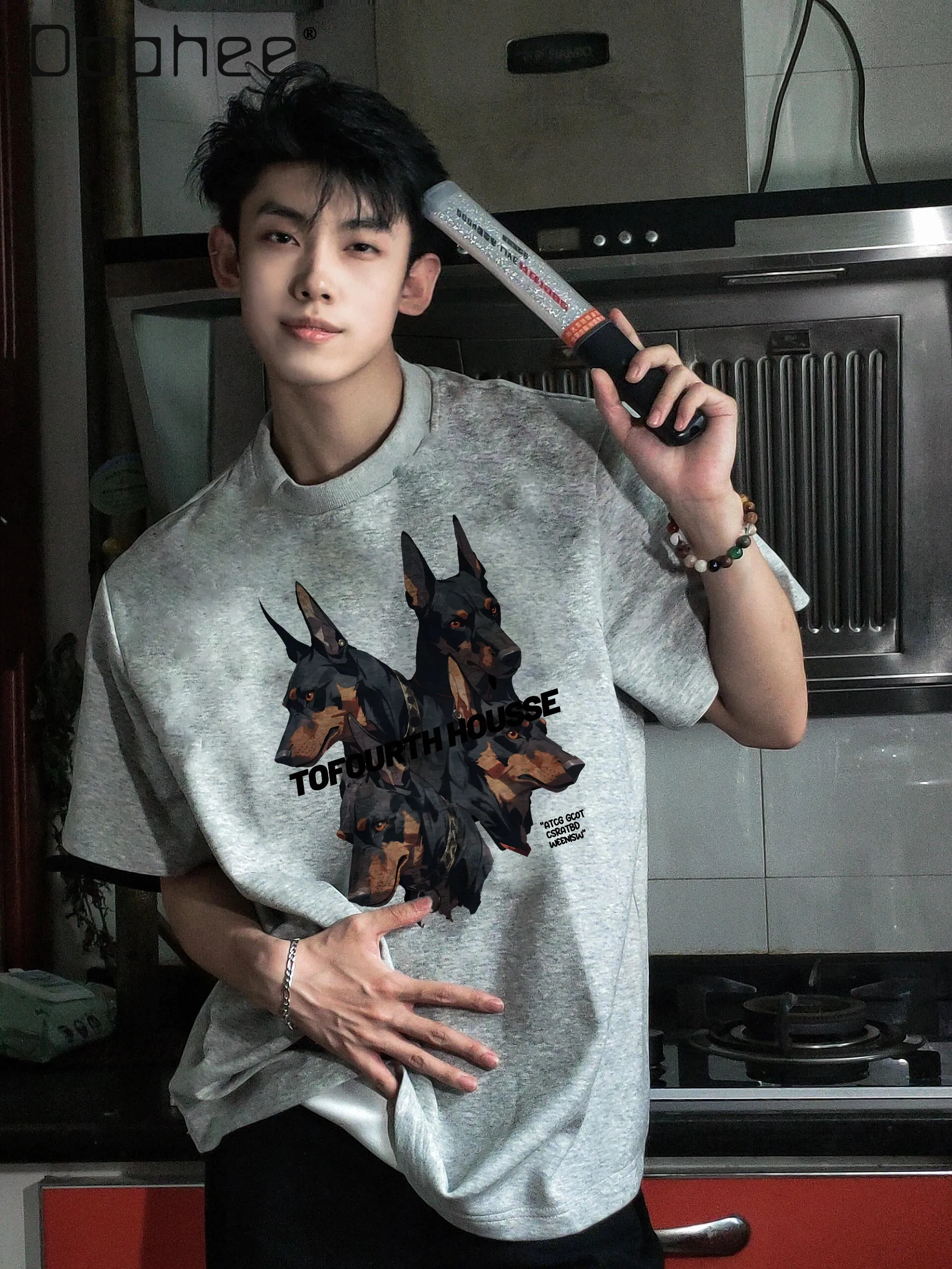 

Summer New American High Street Hip-hop Men's Loose Casual Gray Black White Dog Letter Print Round Neck Short-sleeved T-shirt
