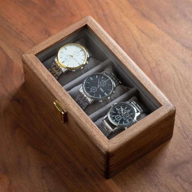 3 Slot Solid Wood Watch Storage Box Glass Cover Watches Display Case Luxury Men Wristwatch Showcase Organizer Retro Watch Boxes