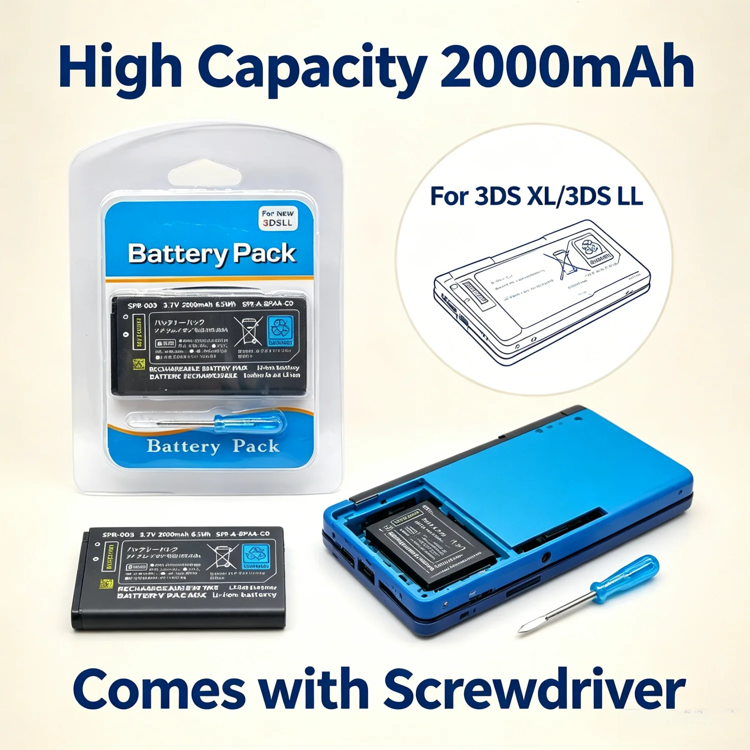 

SPR-003 2000mAh High Capacity Replacement Battery for 3DS XL/3DS LL Li-ion with Screwdriver Set for 3DSLL 3DSXL Gamepad Battery