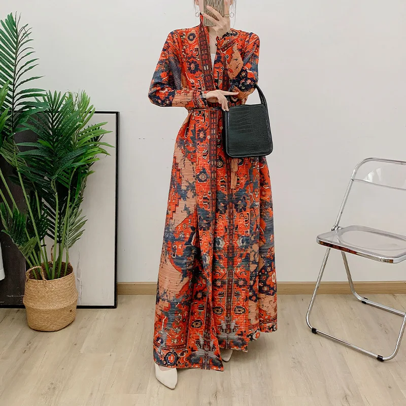 Pleats Pleated Jacket Fashion 2024 Robe Muslim Women's Printed Long Round Neck Dresses Plus Size Women Clothing Loose