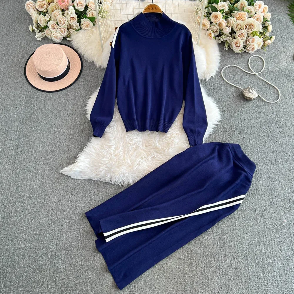 Chic Women Two-Piece Sets Knit Long Sleeve Half High Collar Loose Top and High Waist Asymmetrical Skirt Korean Casual Clothing