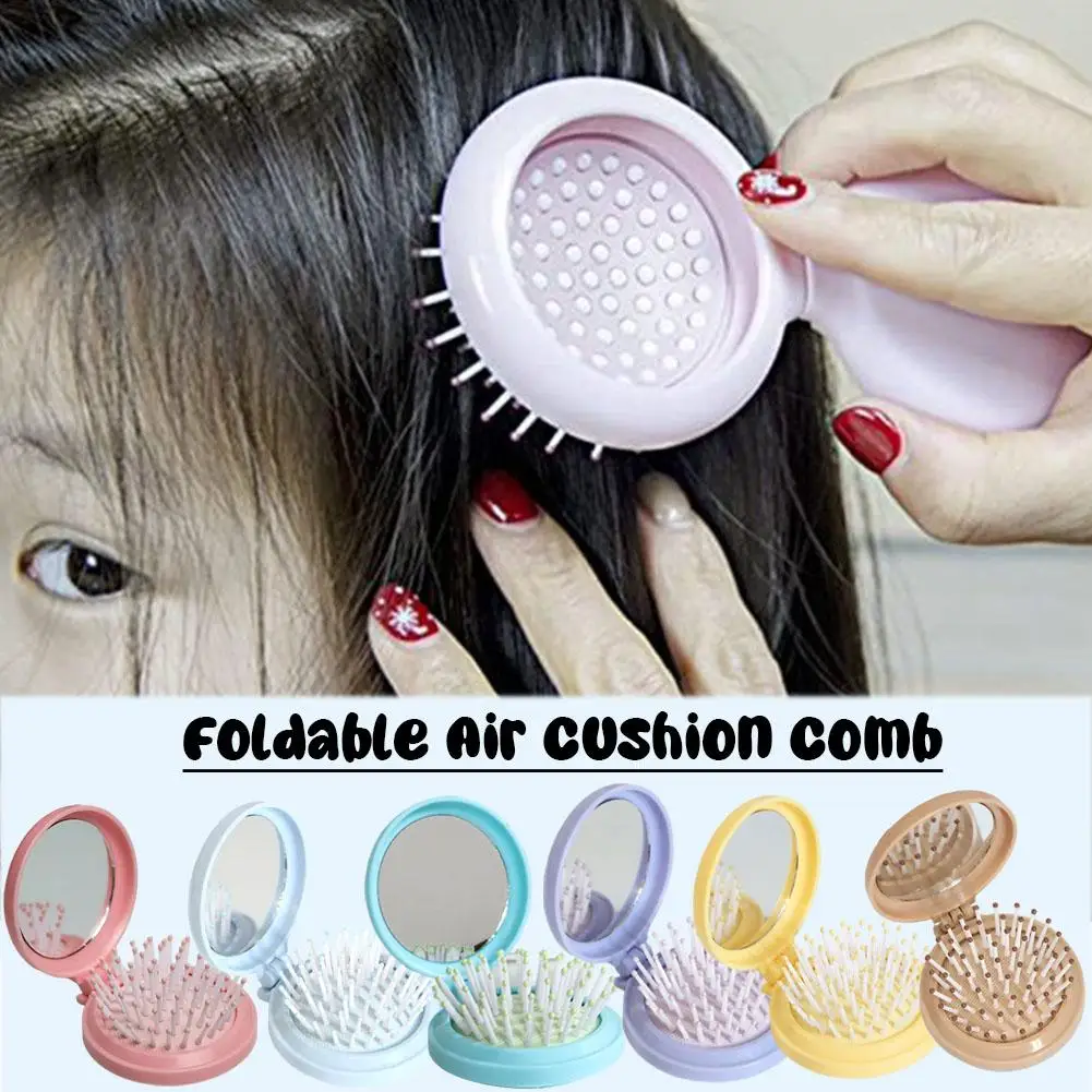 Foldable Compact Hairbrush with Mirror, 2-in-1 Portable Grooming Tool Lightweight for Purse Travel Daily Use