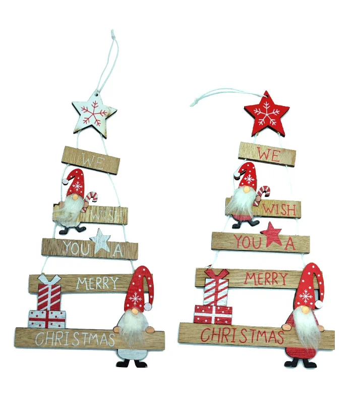 Tradineur - Pack of 2 Christmas tree pendants-made of plywood and polyester-13,5x36 cm-assorted model