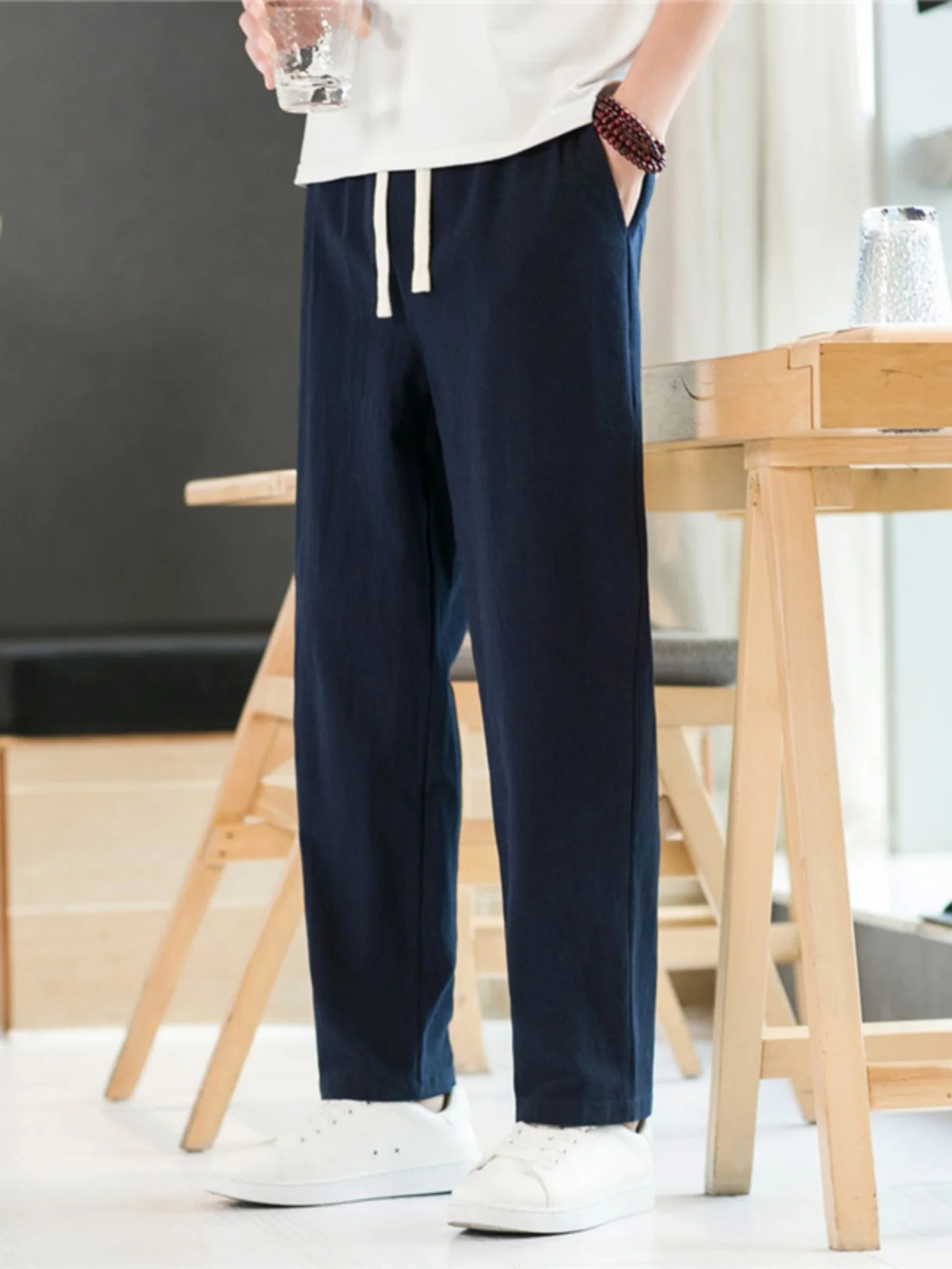 

Men's Summer Thin Linen Casual Pants Straight Leg Cotton Linen Nine Points Trousers Comfortable Breathable Loose Fit Long Tro...