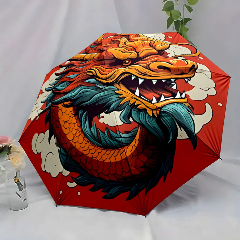 Fiery Dragon Illustration on Bold Red Background Umbrella portable waterproof sun rain umbrella for outdoor travel beach