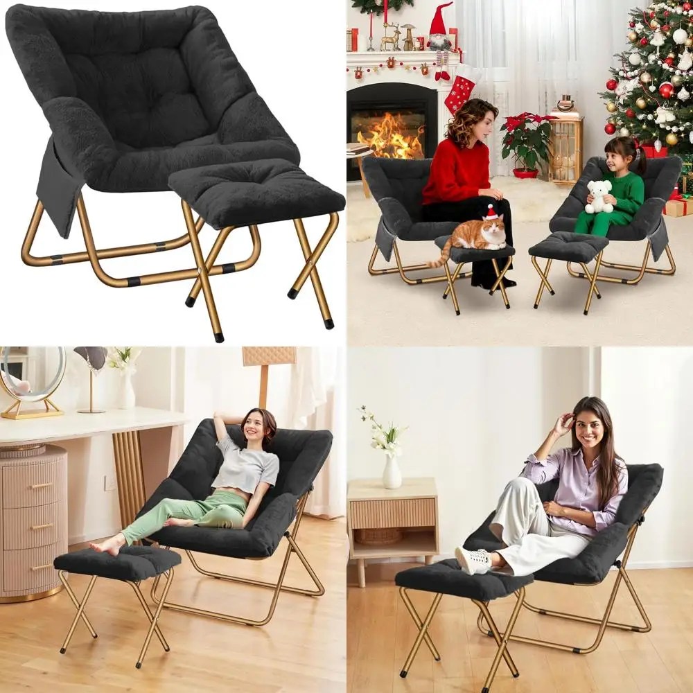 كرسي صالة قابل للطي من الفرو الصناعي الأسود مقاس X-Large لغرفة المعيشة وغرف النوم والقراءة