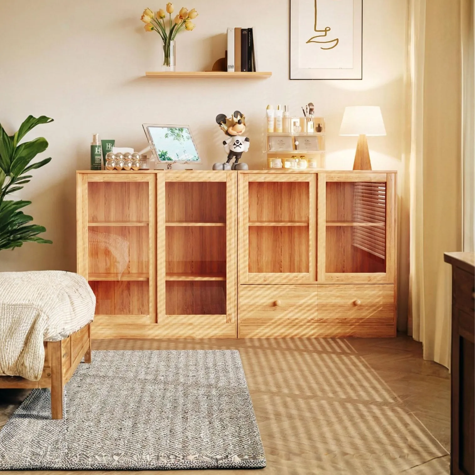 Solid wood bookcase integrated wall floor locker household living room display cabinet dining side cabinet study bookshelf stora