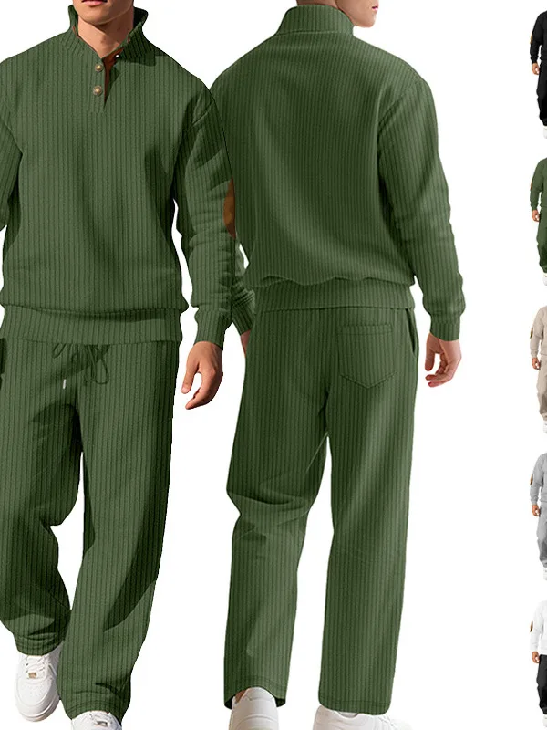 

Повседневный мужской модный спортивный длинный брюки, вязаный комплект свитера, осенний сезон, длинный воротник-стойка, универсальный полосатый узор