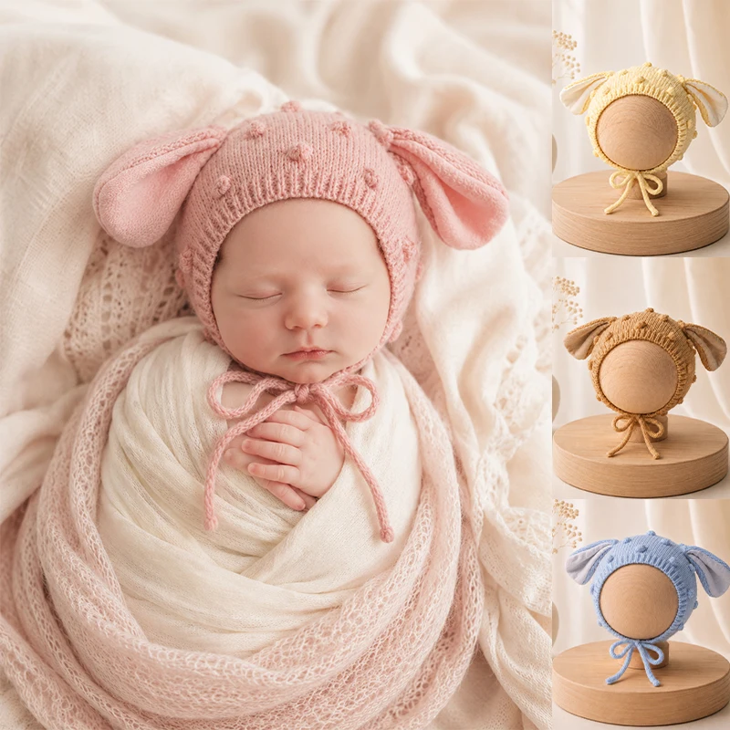 Handmade Knit Rabbit Ear Bonnet Newborn Photography Prop Soft Crochet Bunny Hat Infant Studio Shoot Accessories Baby Shower Gift