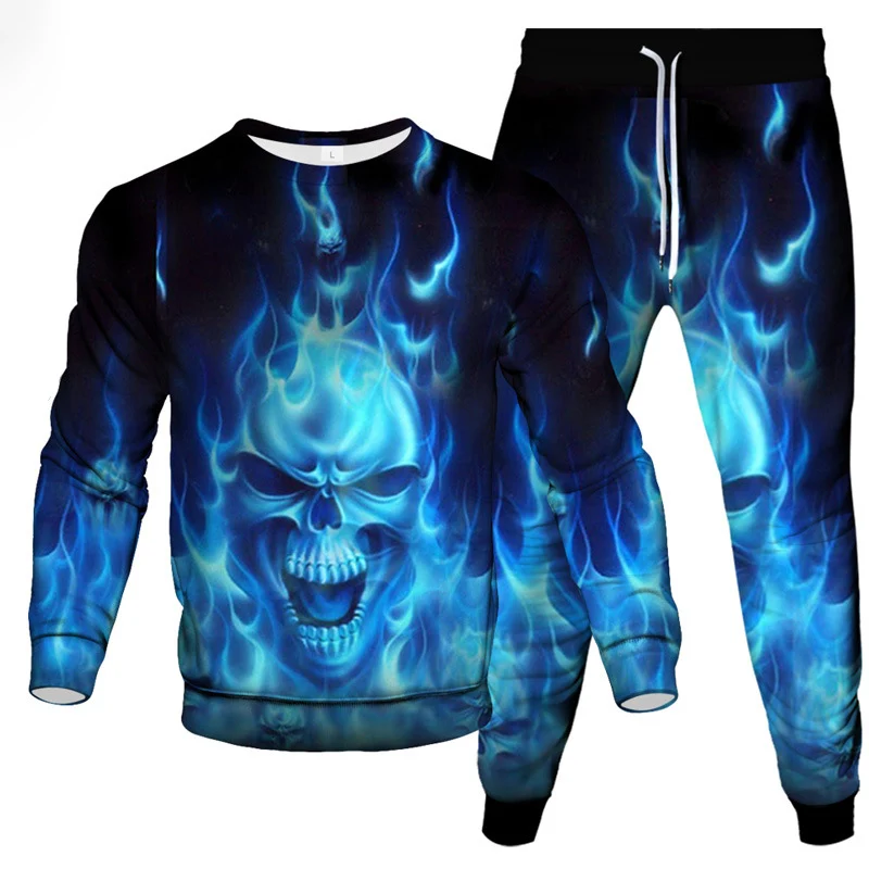 Fashion Skull Fire 3D Print Men\'s Sportswear Set Casual Long-Sleeved T Shirt Pants 2-Piece Set Oversized Pullover Men Clothing