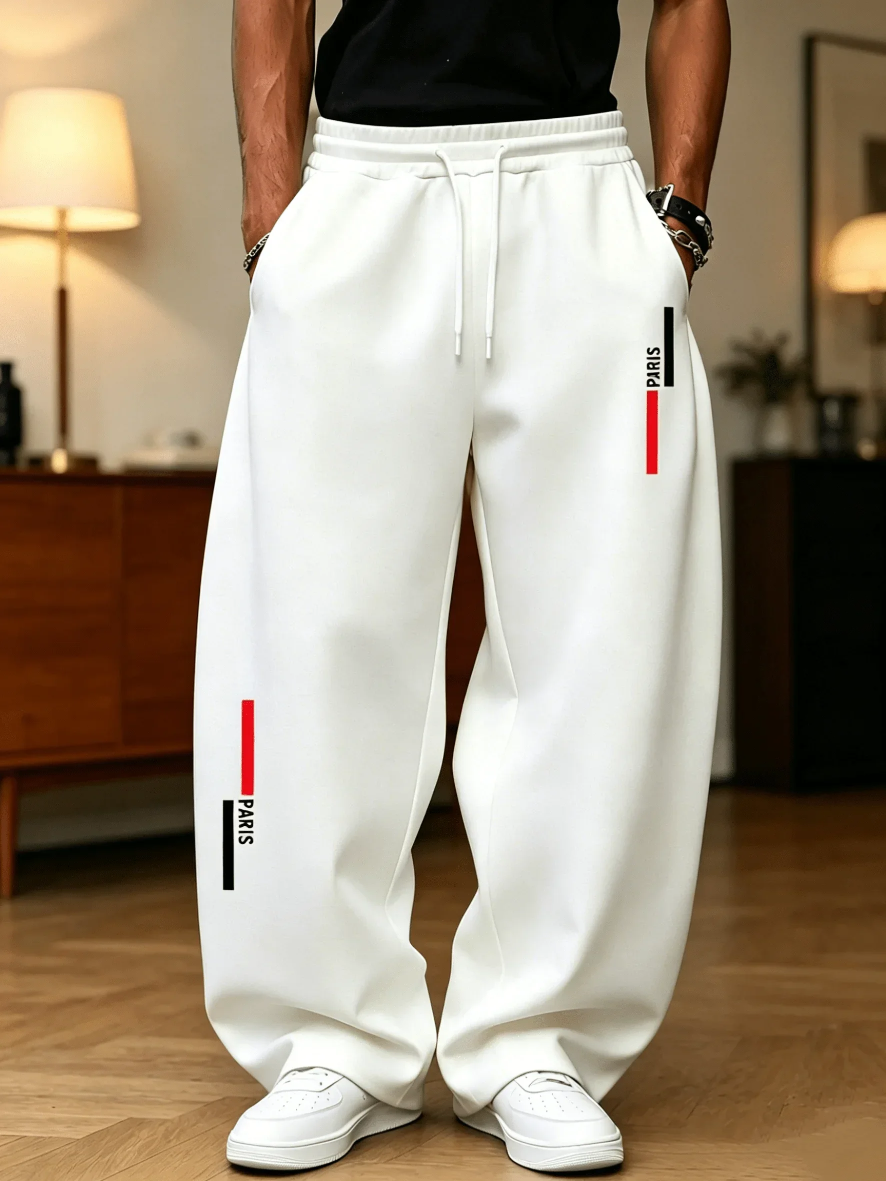 Men's Solid Color Sanitary Winter Pants Drawstring Waist Straight Wide Leg Loose Fit with Pockets Versatile Sports Trousers