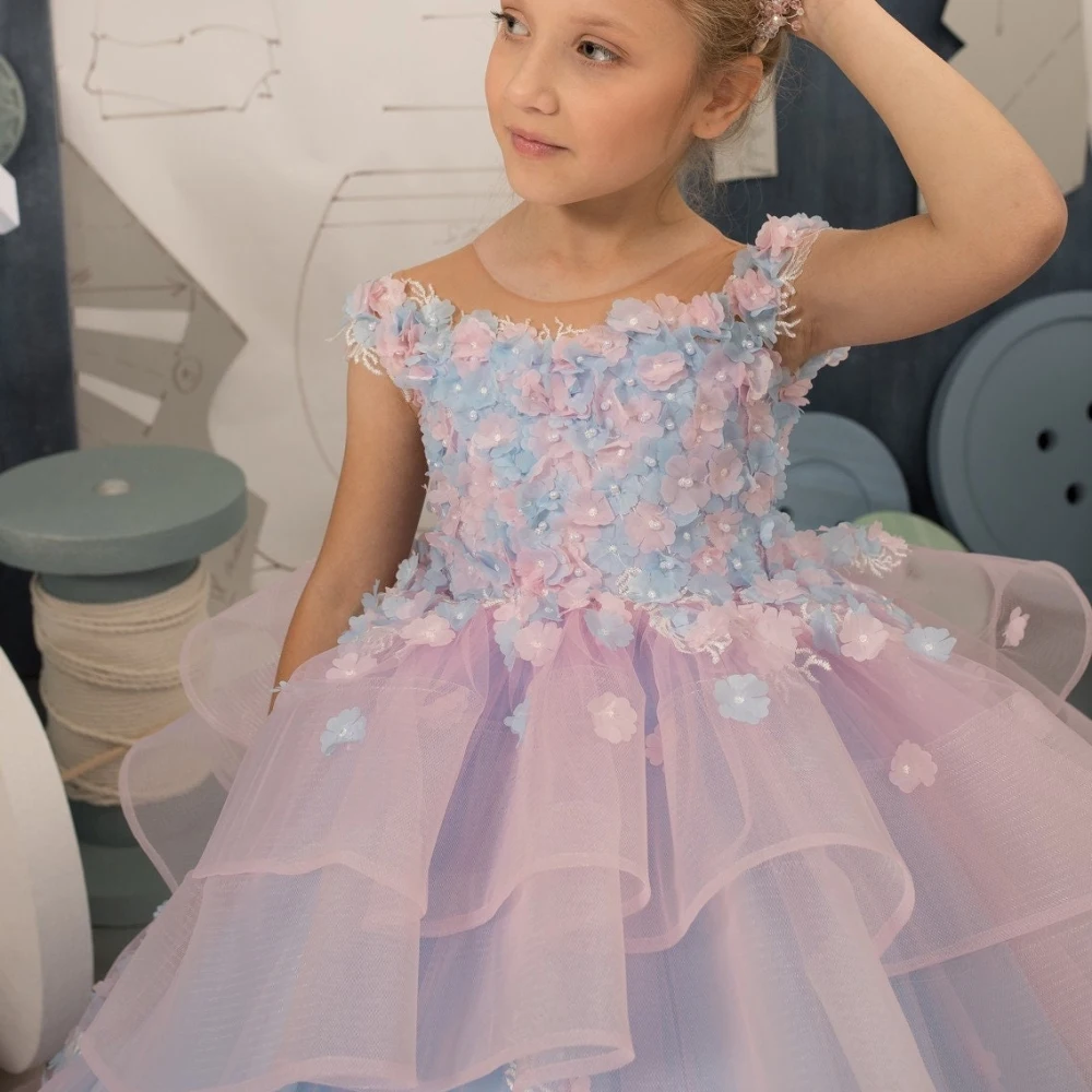 Lorencia Pink Blue Flower Girl Dress For Wedding Princess Floral Appliques Tiered Kids Holy Birthday Party Pageant Gown YFD021