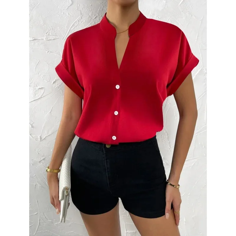 Women Spring Summer Shirt Blouse Shorts Sleeves Solid Color Turndown Collar Button Casual Fashion Comfortable Regular Standard