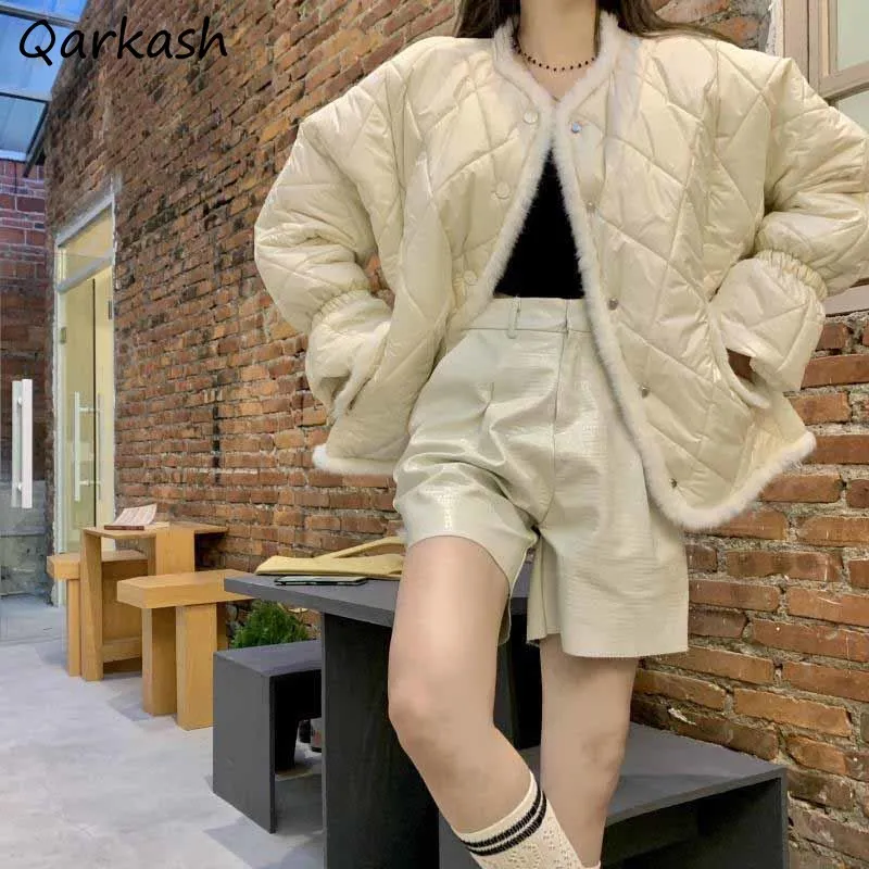 

Parkas Women Single Breasted Patchwork Simple Elegant Vintage Winter Female Chic Warm Outwear Leisure Korean Style Mujer Basic