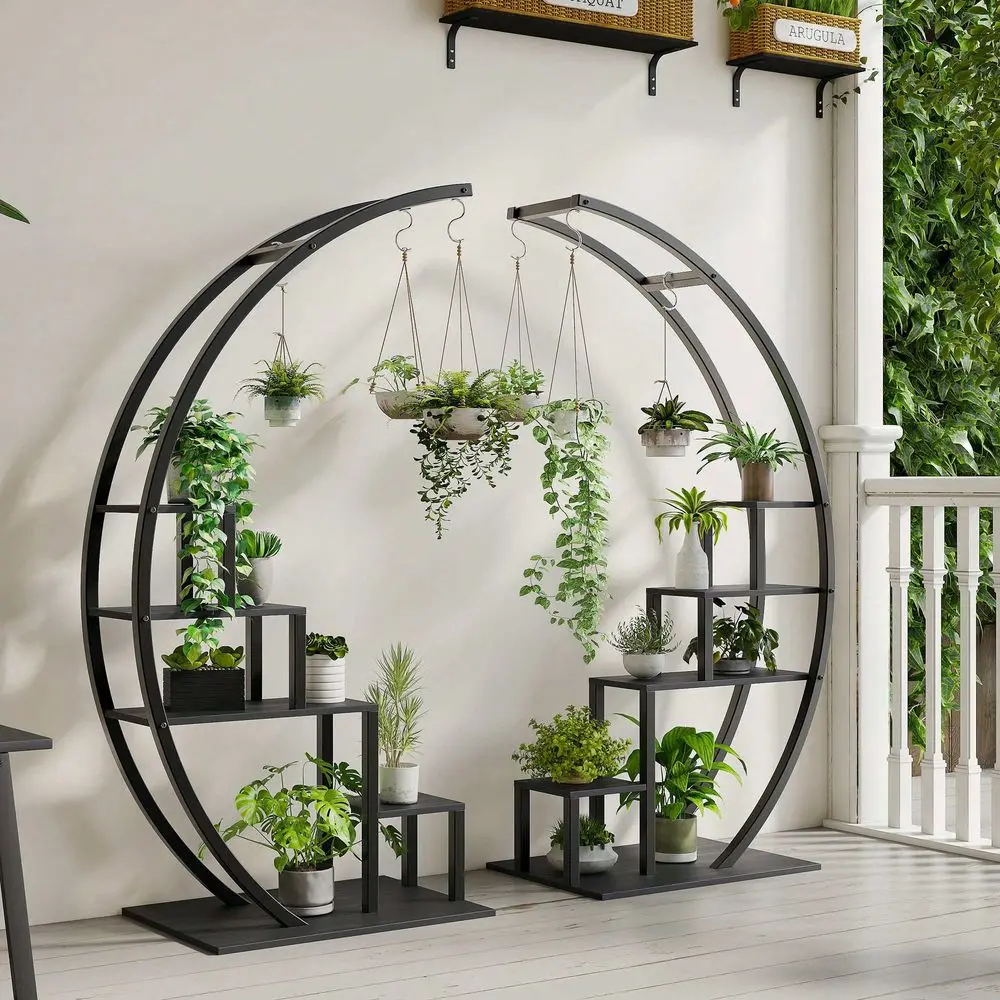 

5 Tier Flower Plant Stand With 6 Hooks, Metal Half Moon Plant Shelf 2 Pack, Stylish Tiered Flower Rack For Multiple Plants Disp