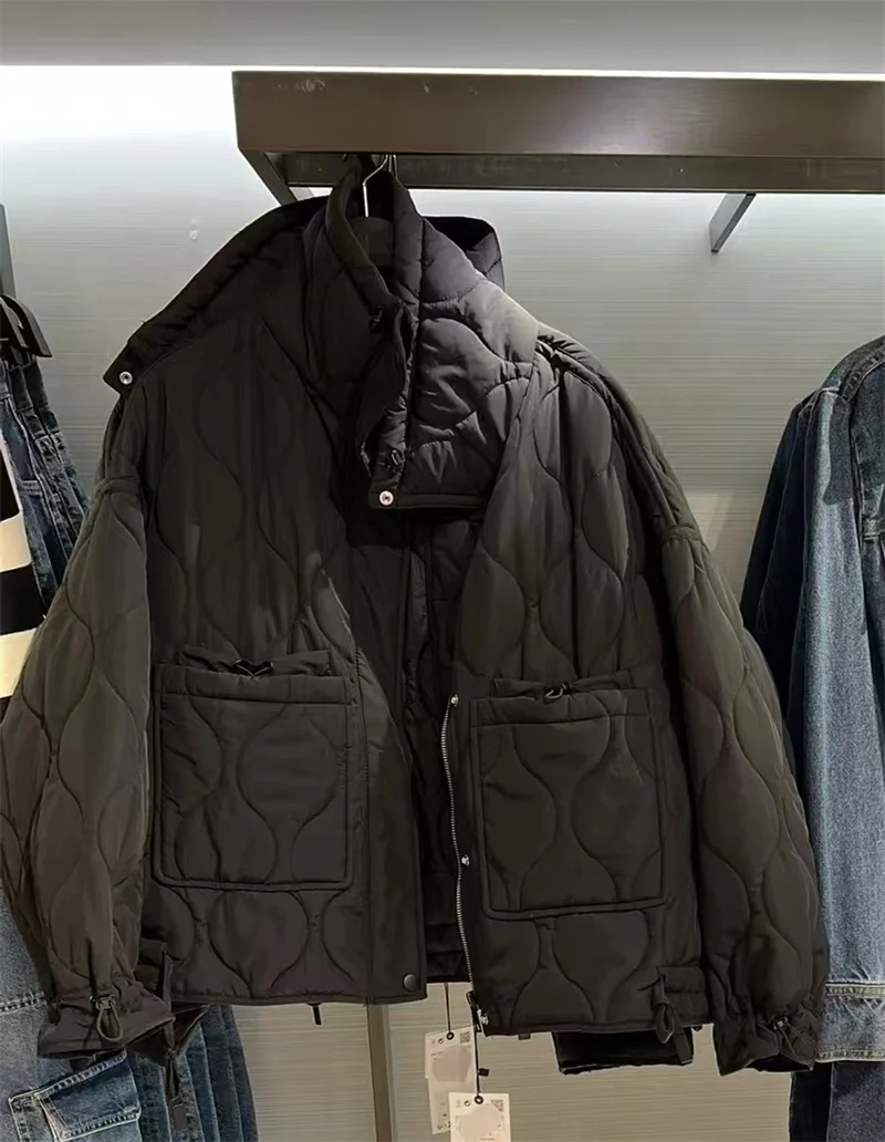 Women's Coat 2025 Winter New Style Solid Color Long-Sleeve Quilted Hooded Loose Warm Cotton Jacket Casual Fashion