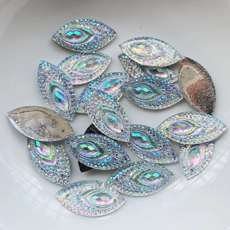 11x22mm 80 Stück Pferdeauge Pfauenauge Harz Strass zum Aufnähen mit Löchern Flatback Marquise Crystal AB Blatt Nähen Strass
