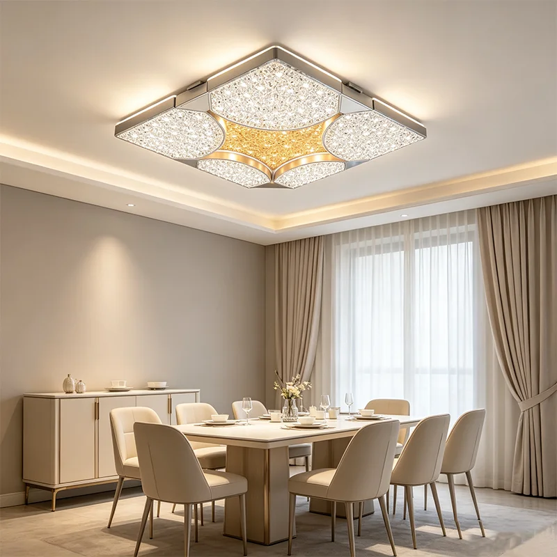 Transformable Crystal LED Ceiling Light, Square Round Convertible Dimmable Flush Light for Living Room Bedroom Home Decor