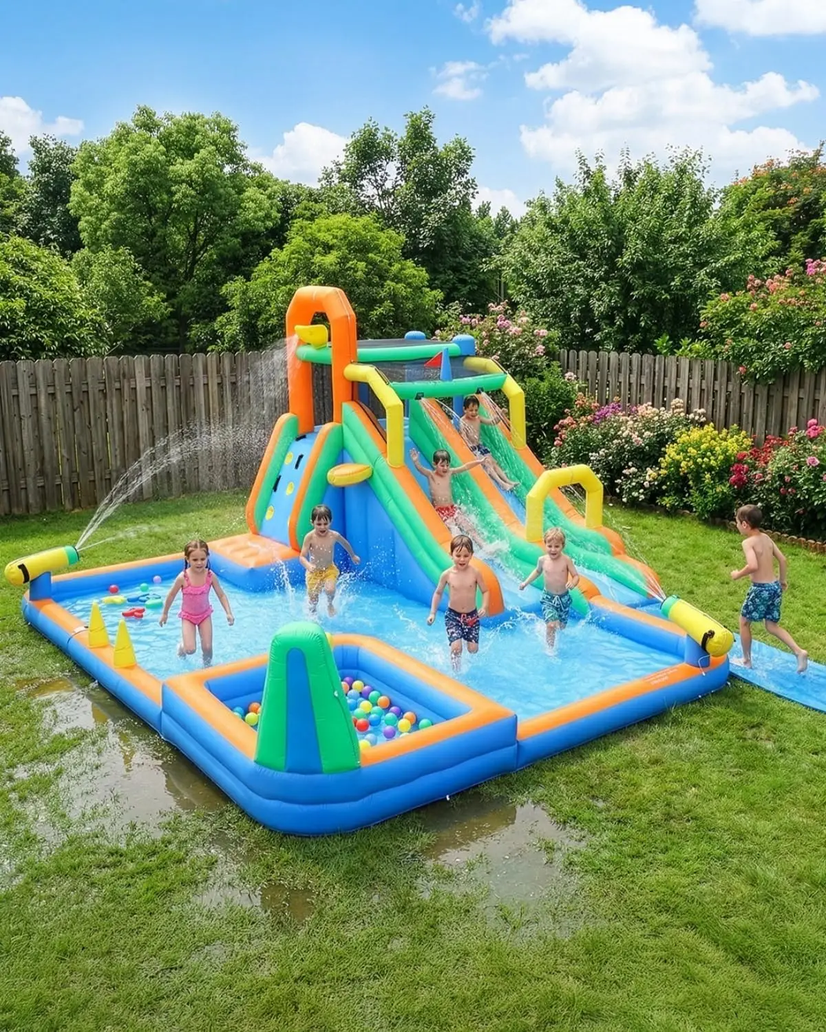 

Double-Slide Inflatable Bounce House with Swimming Pool, Climbing Wall & Ring Toss Game – Indoor/Outdoor Bouncy Castle Includes 680W Blower for Backyard, Ages 3-8