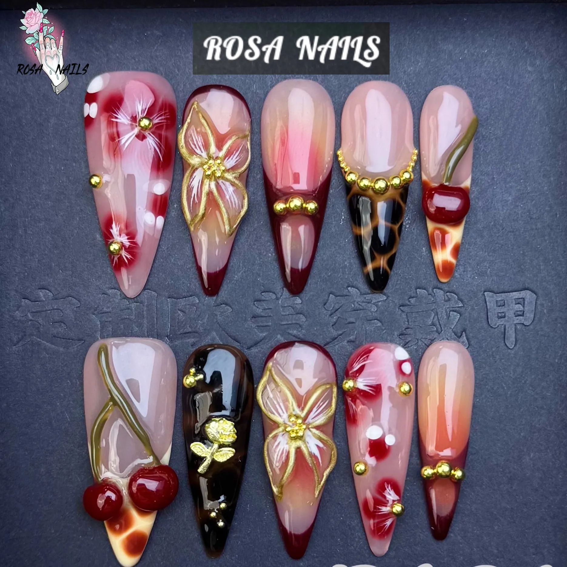 

Red Cherry Handmade Press on Nails 3D Flower False Nail Y2k Fake Nails Gold Flowers Decoration Long Stiletto French Tips Nail