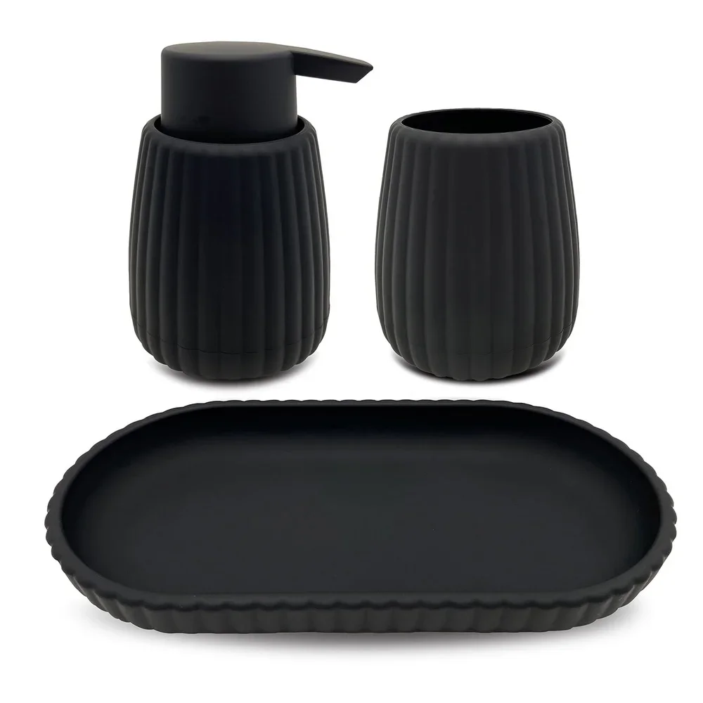 

Rubberized Plastic Bathroom Accessories Set Ribbed Toothbrush Holder Wastebasket Soap Pump Organizer Tray 4-Piece Black Decor