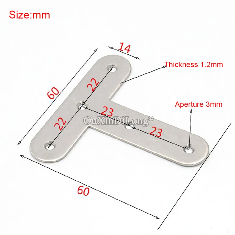 HOT 100PCS 304 Stainless Steel Corner Braces 14X60X60mm T Shape Connecting Fittings Frame Board Furniture Joint Brackets