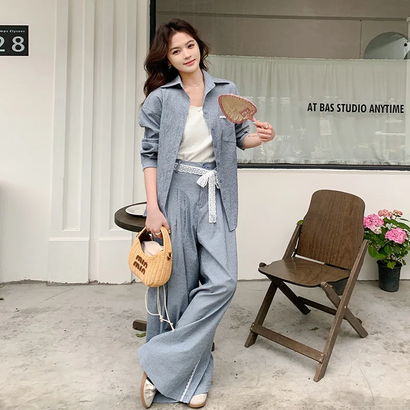 EAEOVNI Lace Patchwork Design 2 Piece Set Women Fashion Long Sleeve Shirt + Wide Leg Trousers Casual 2025 Autumn New Clothing