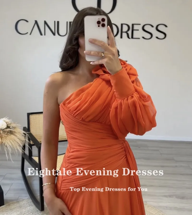 Eightale Orange Evening Dress One Shoulder Long Sleeve Chiffon Pleats Flower Arabic Formal Prom Party Gowns Robes De Soirée