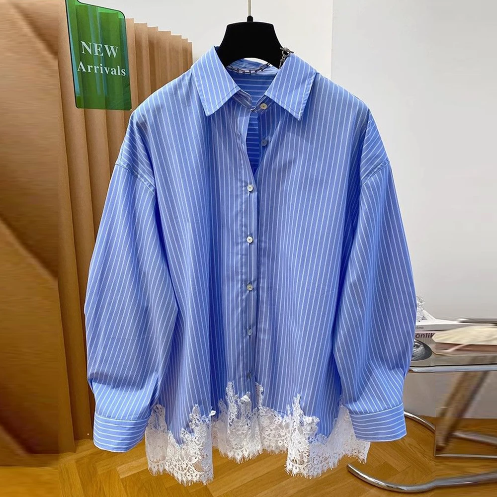 

Lace Korean splicing long-sleeved striped shirt gradual change design 2025 autumn new shirt loose top coat