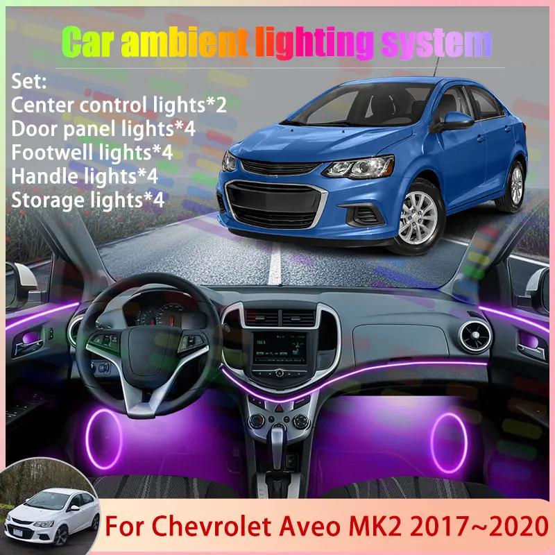 

Для Chevrolet Aveo MK2 Holden Barina 2017 ~ 2020 2/18 в 1, автомобильная атмосферная лампа, RGB абажур, ансамбль, стример, атмосферный набор