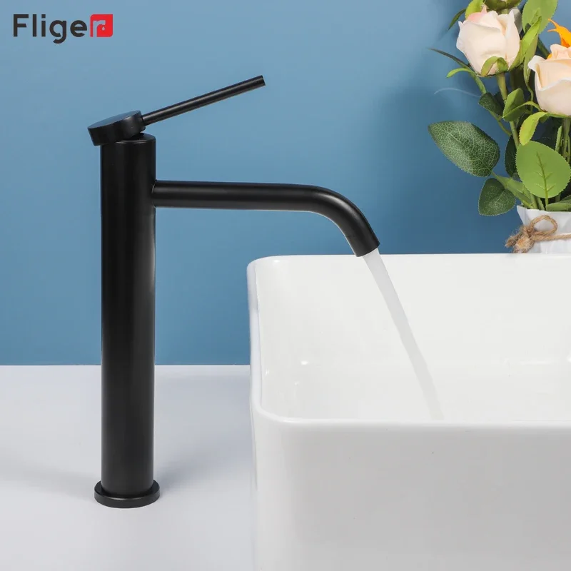 Fliger Brushed Gold Bathroom Sink Faucet Tall Basin Faucets Bathroom Faucet Hot Cold Water Mixer Countertop Sink Faucets