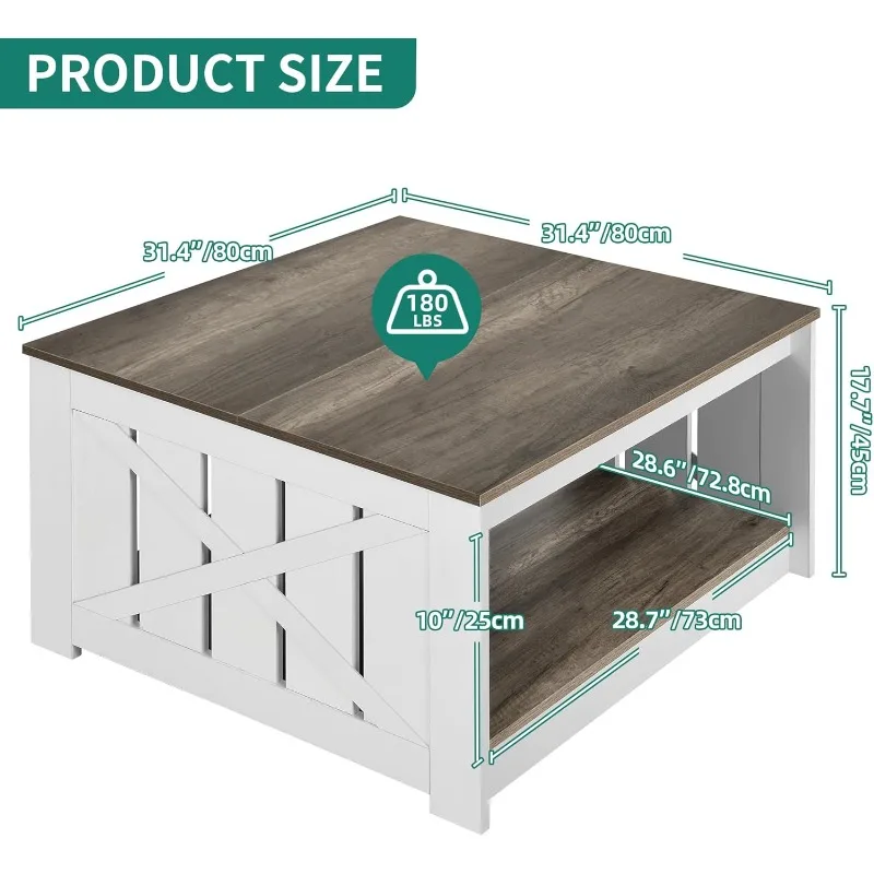 Mesa de centro Mesa de centro de fazenda com armazenamento Mesa de coquetel de madeira rústica, mesa de centro quadrada para sala de reuniões de estar.