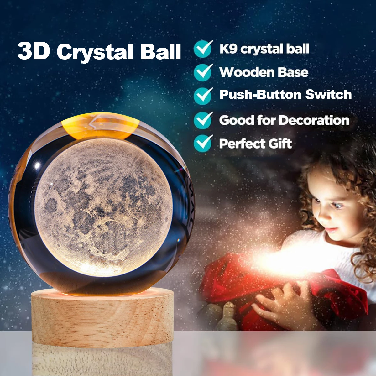 Creative 3D LED Crystal ball Wooden base USB port Bedroom nightlight Sleep light Decorative light Boy girl birthday gift