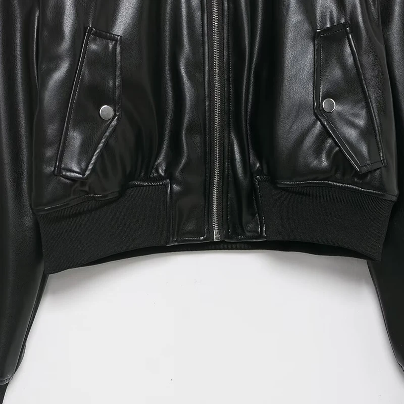 Willshela Moda donna con tasche PU Nero Cerniera frontale Bomber Giubbotti Vintage O-Collo Maniche lunghe Donna Chic Lady Outfits