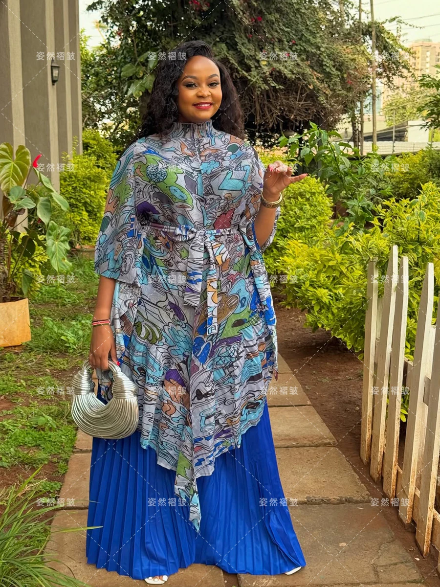 

Chic And Elegant 2-Piece For Chubby Women Miyake Pleated Wide Leg Pants And Print Top Set Office Lady Fashion Plus Size Female